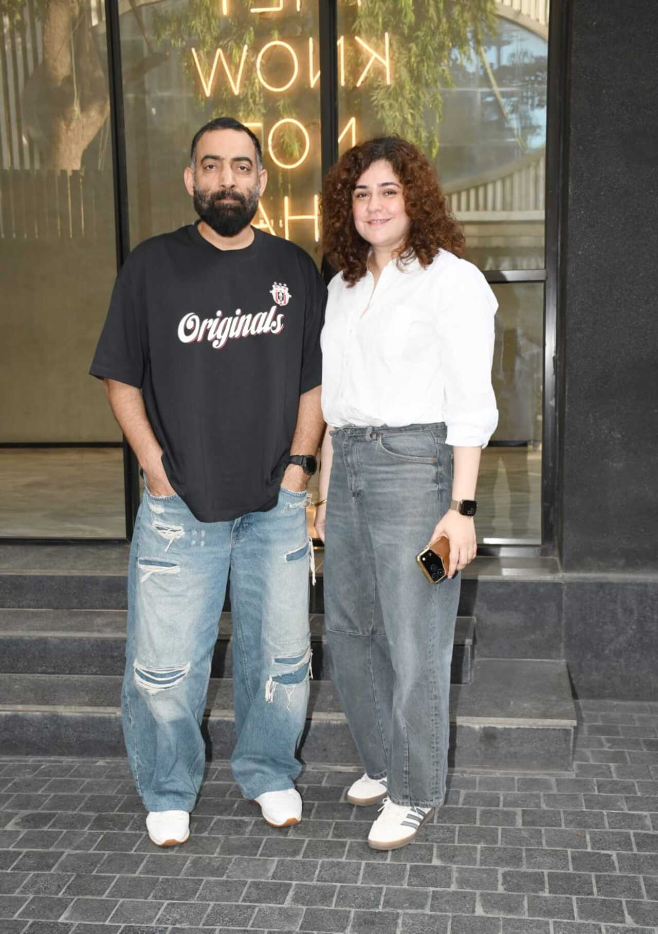 Meher Vij and Manav Kaul were spotted together at a screening in the city. Meher kept it casual in a white shirt and grey denims. The duo posed together for the paparazzi outside the venue.
&nbsp;